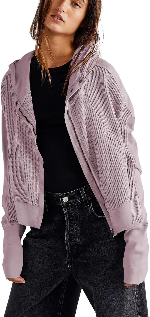 AZUKI Womens Hooded Long Sleeve Fit Activewear - Casual And Stylish Zip-Up Sweatshirt With Waffle Grid Fabric
