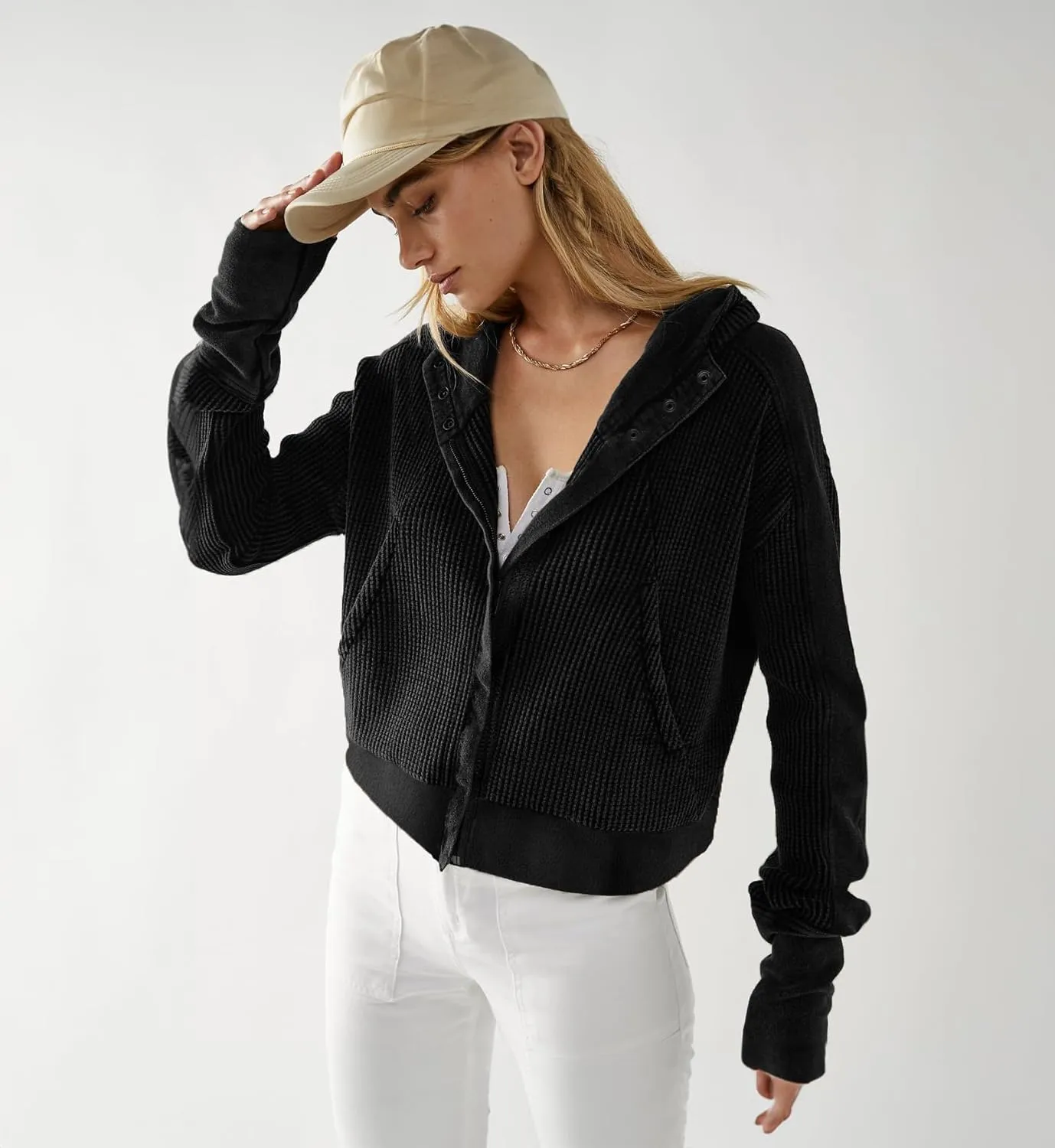 AZUKI Womens Hooded Long Sleeve Fit Activewear - Casual And Stylish Zip-Up Sweatshirt With Waffle Grid Fabric