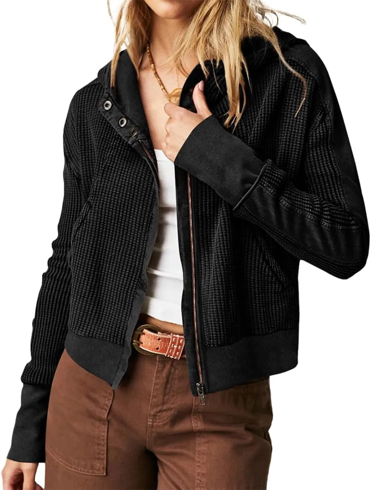 AZUKI Womens Hooded Long Sleeve Fit Activewear - Casual And Stylish Zip-Up Sweatshirt With Waffle Grid Fabric