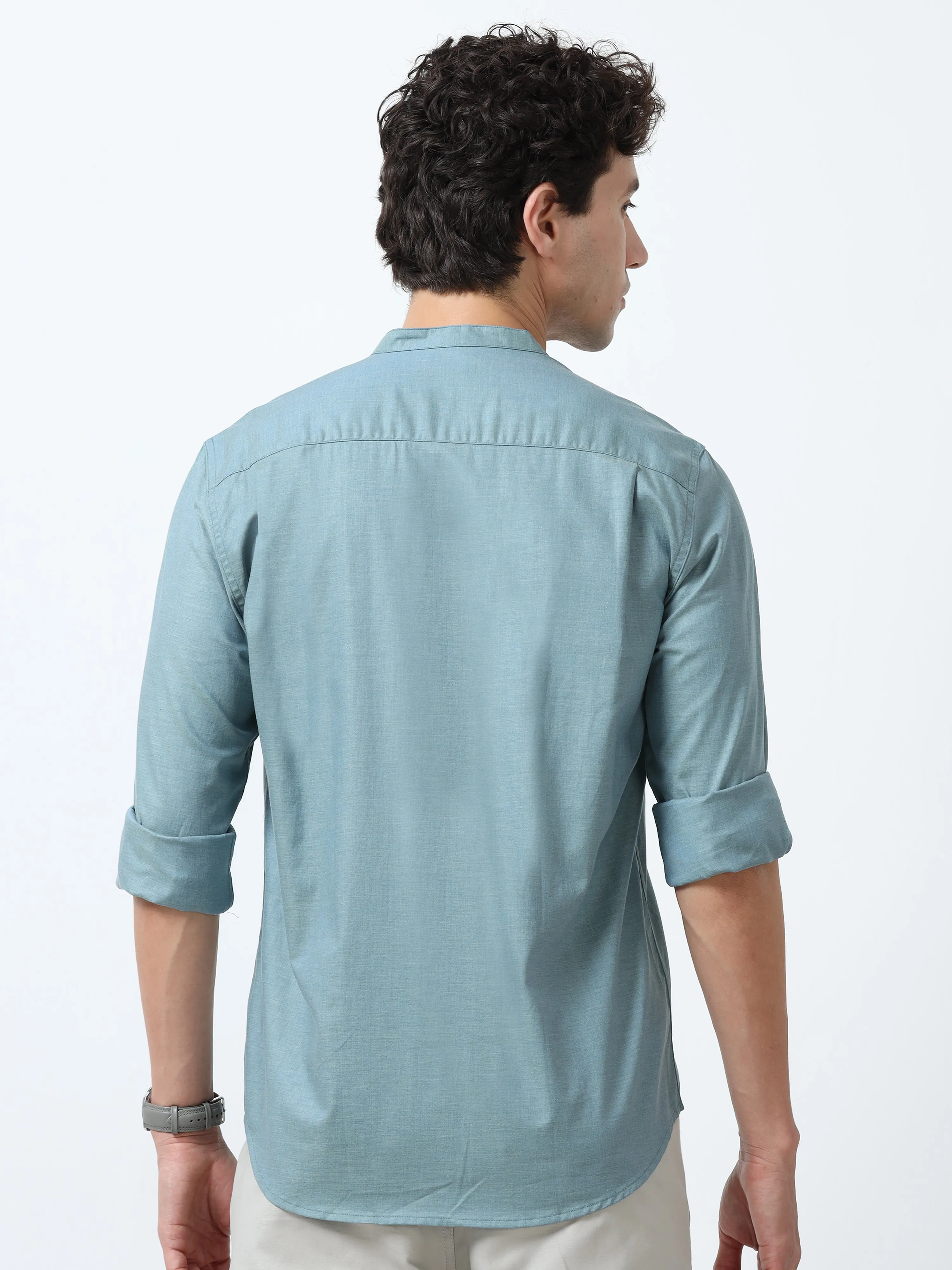 Beckett - Mandarin Collar Plain Shirt - Cloudy Blue