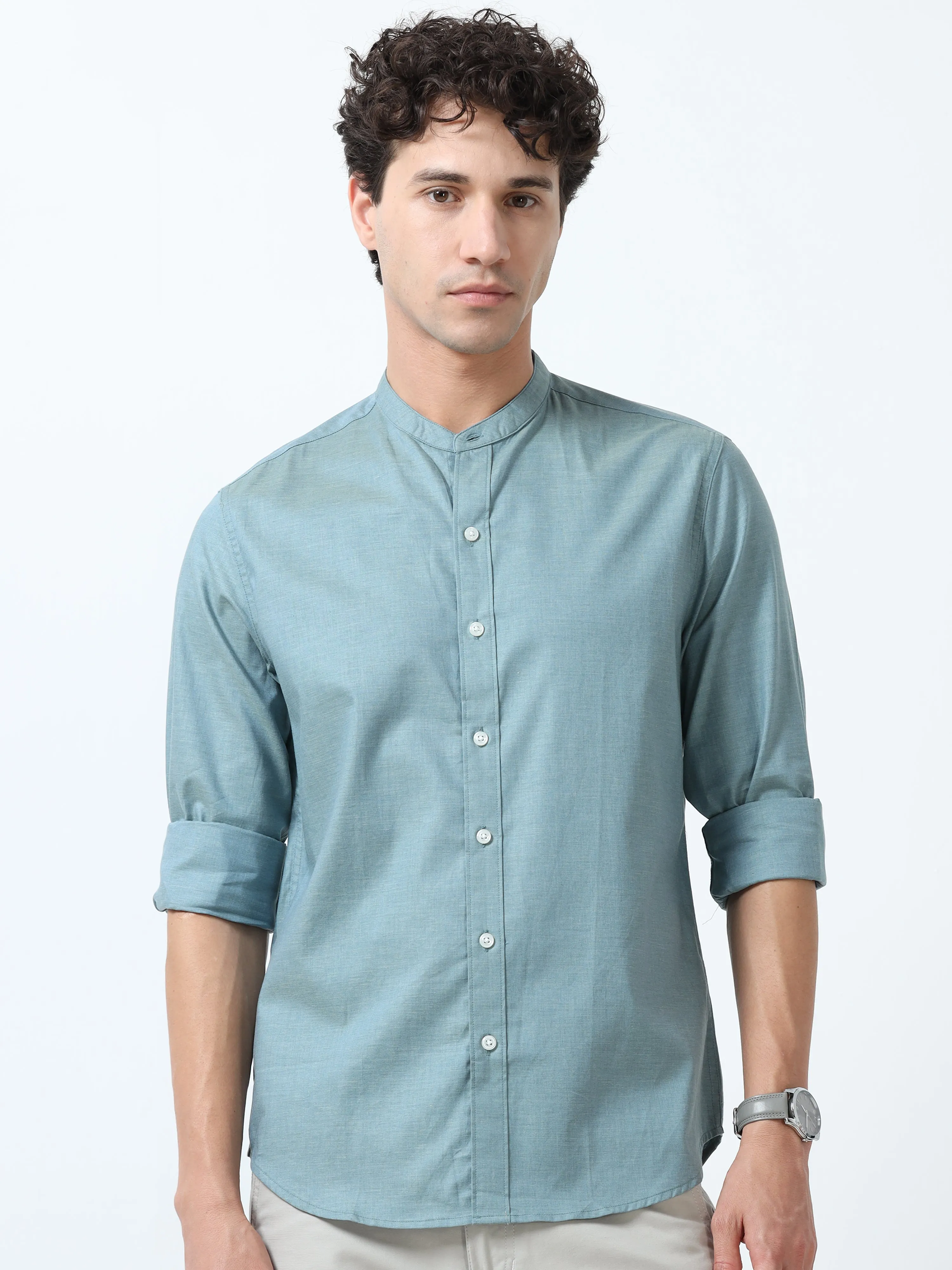Beckett - Mandarin Collar Plain Shirt - Cloudy Blue