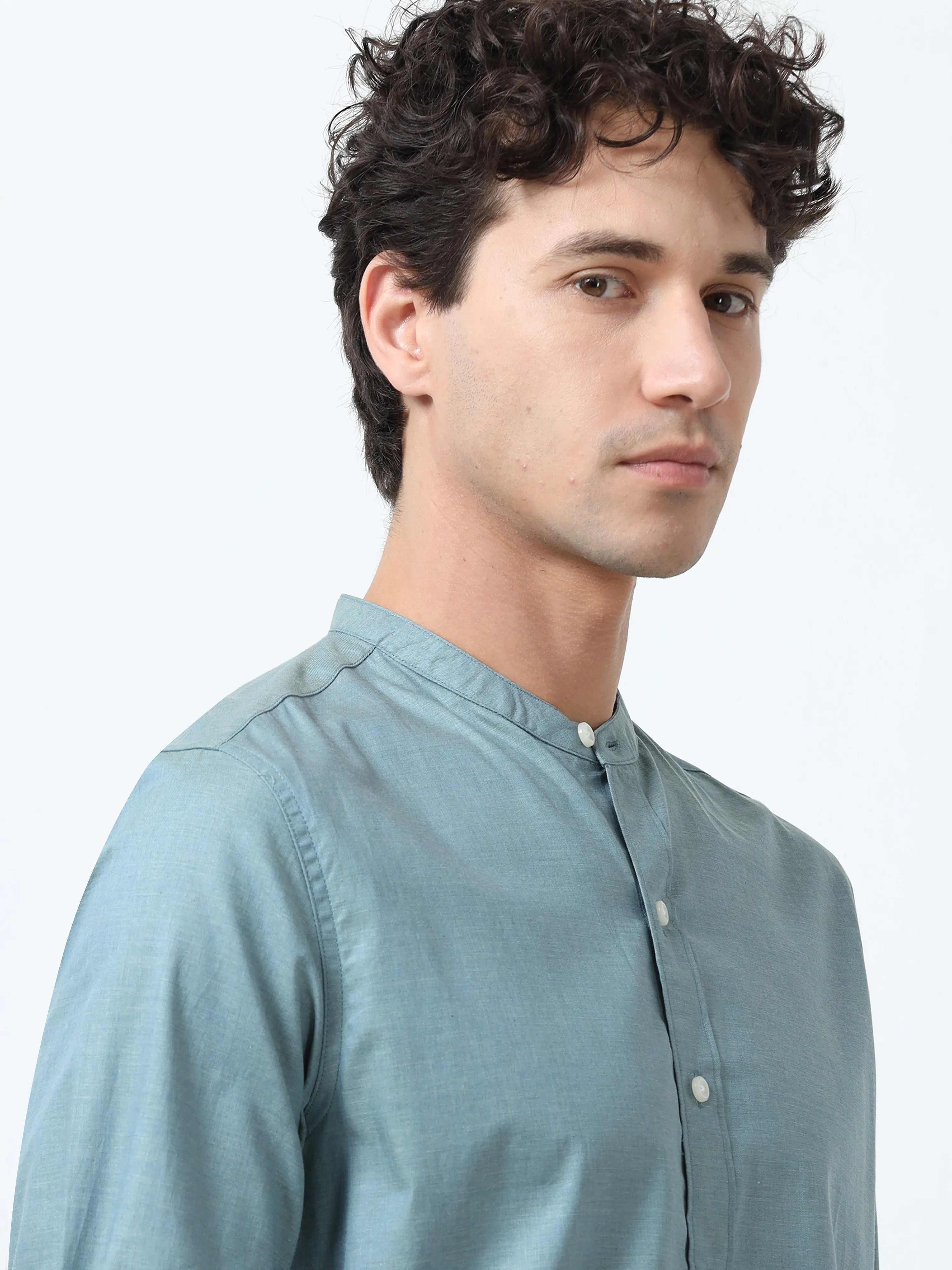 Beckett - Mandarin Collar Plain Shirt - Cloudy Blue