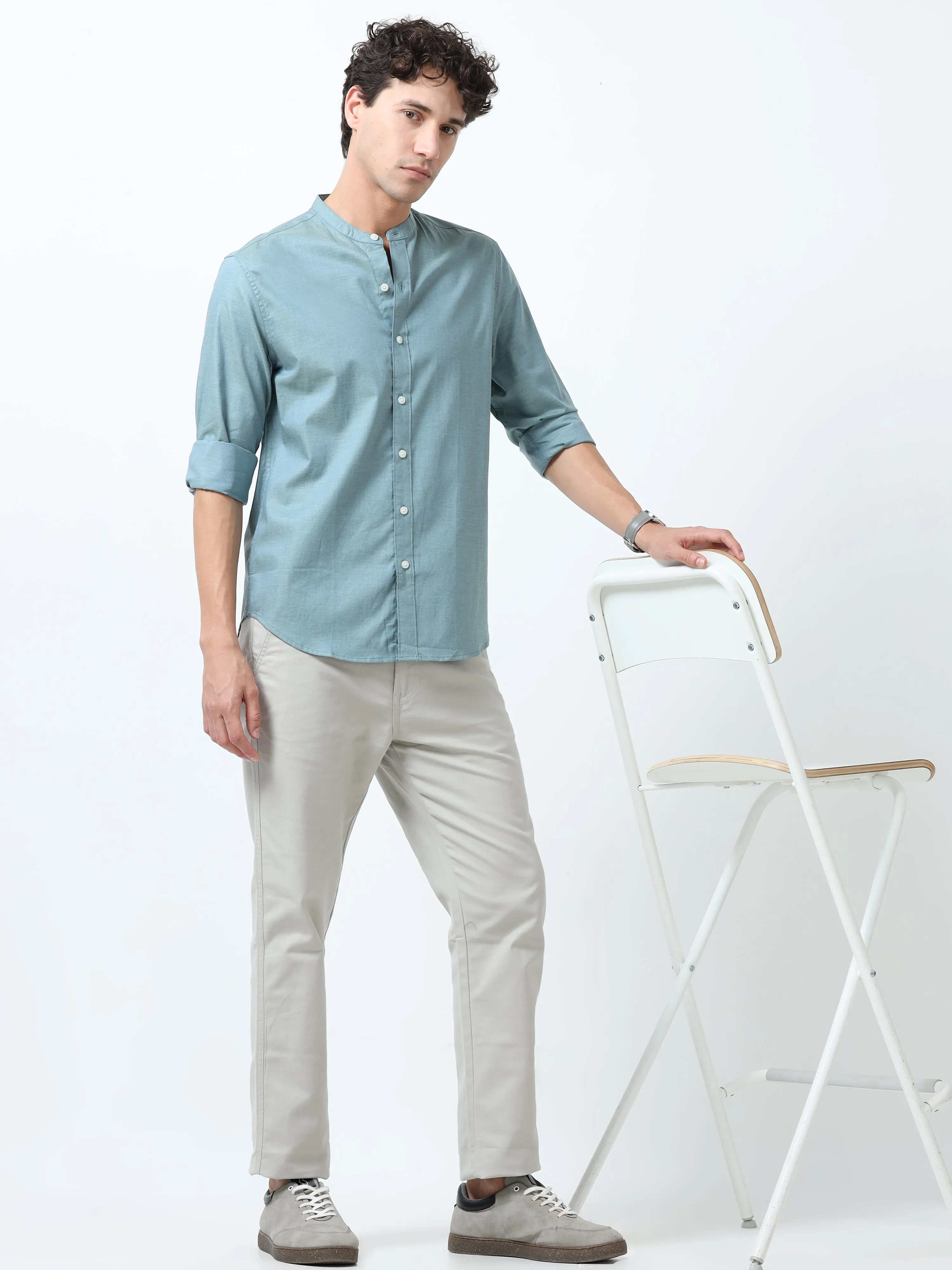 Beckett - Mandarin Collar Plain Shirt - Cloudy Blue