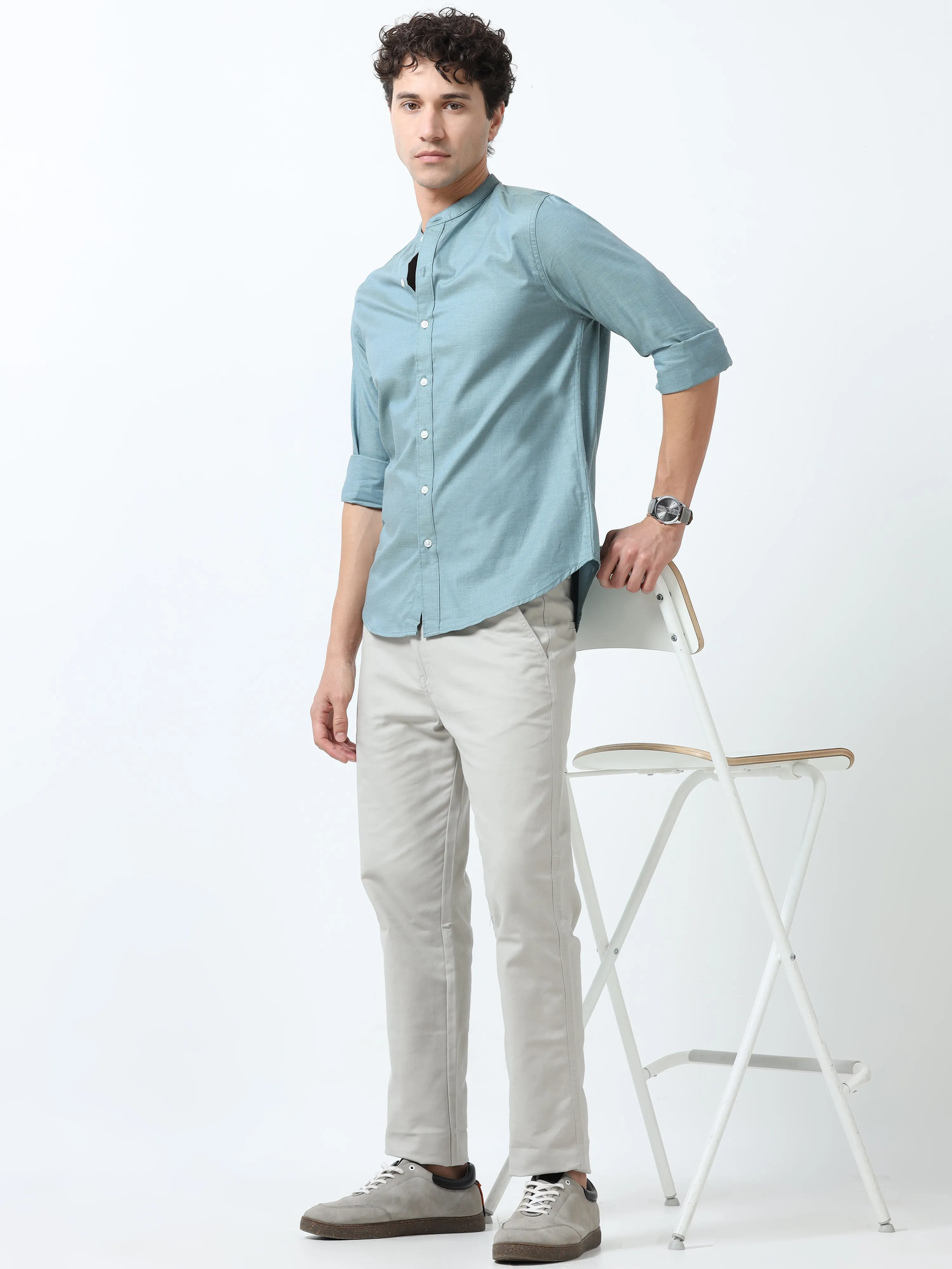 Beckett - Mandarin Collar Plain Shirt - Cloudy Blue