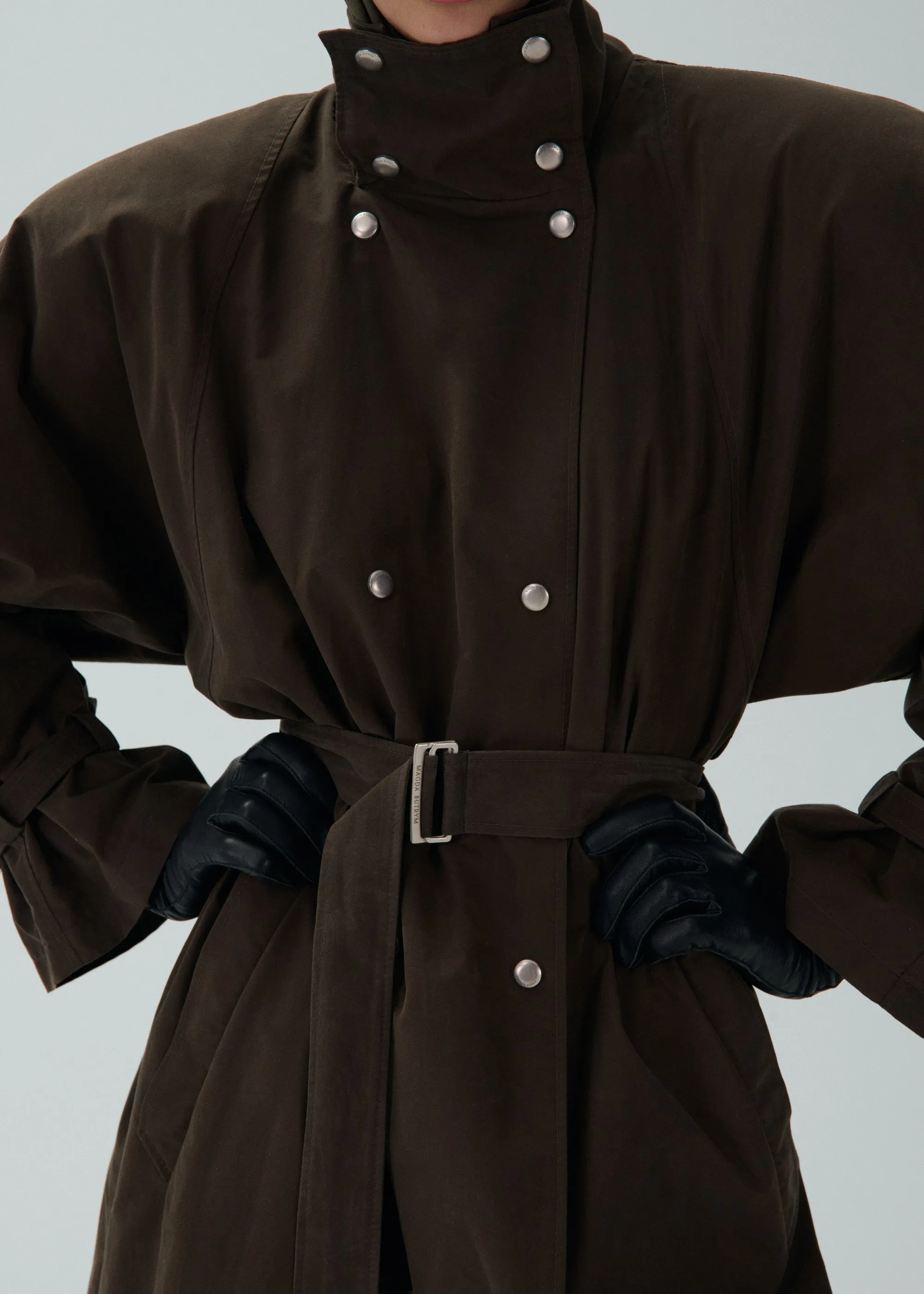 Cotton high collar trench coat in brown