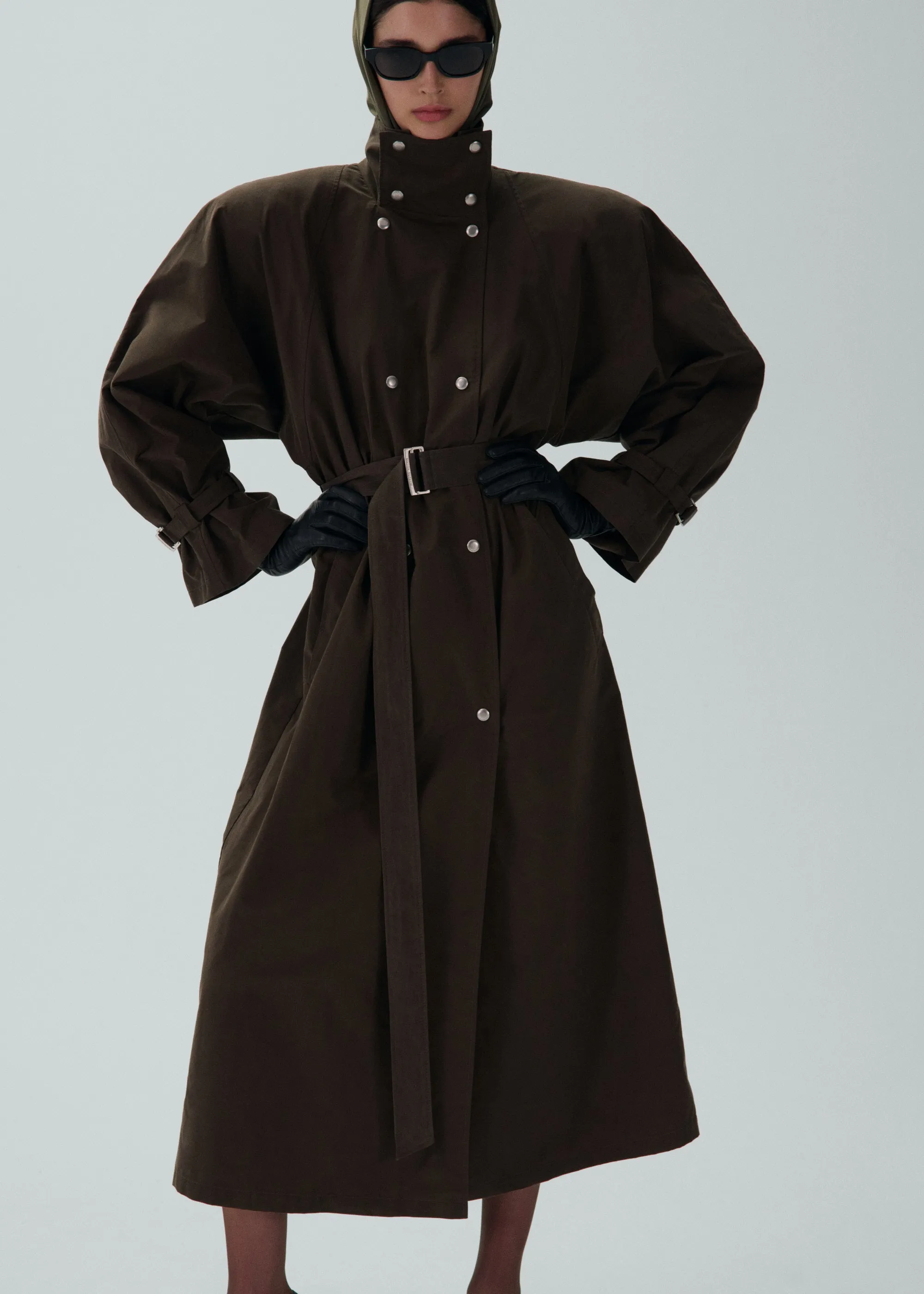 Cotton high collar trench coat in brown