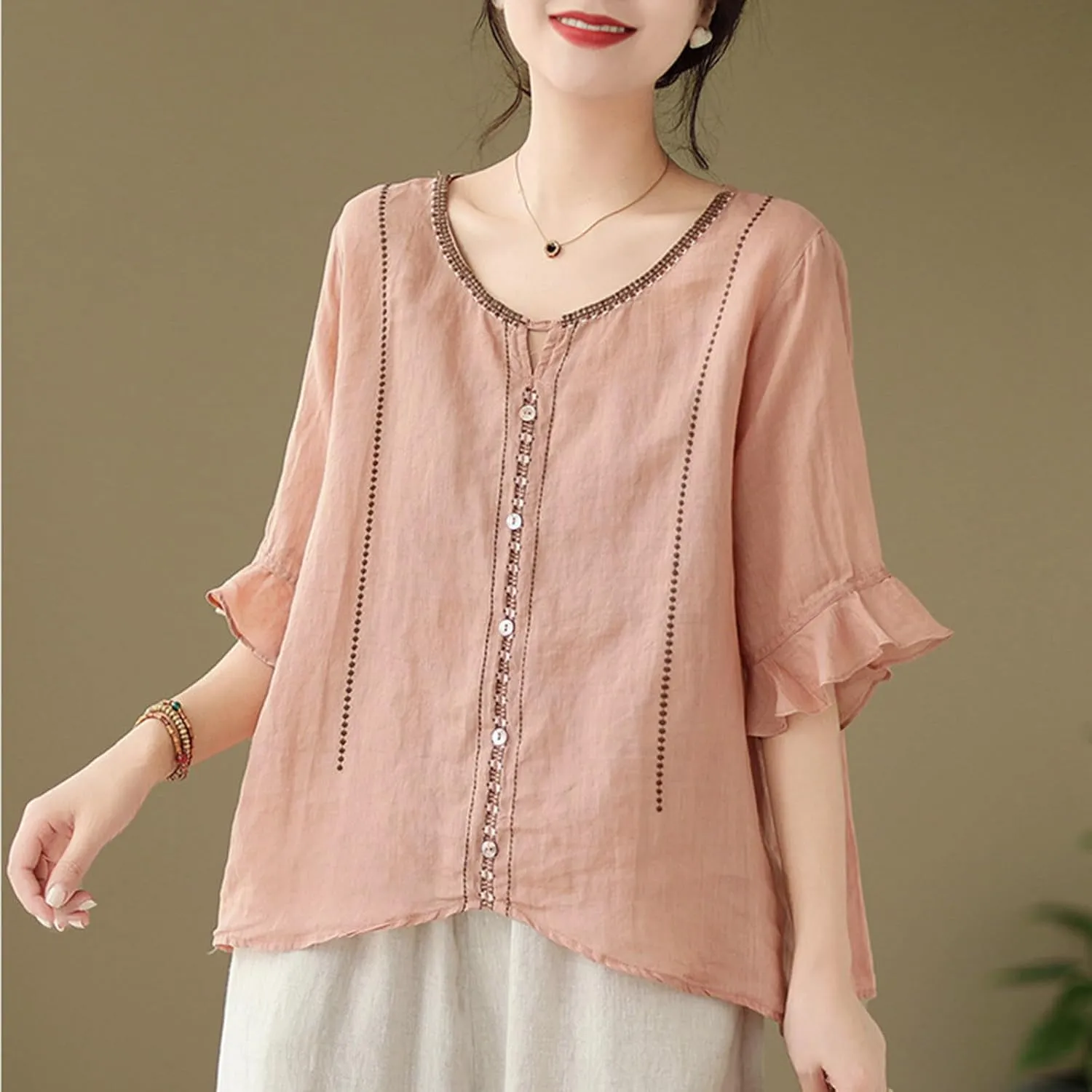 Cotton Linen Shirts for Women Round Neck Ruffle Half Sleeve Blouse Vintage Solid Loose Button Up Shirts Summer Clothes