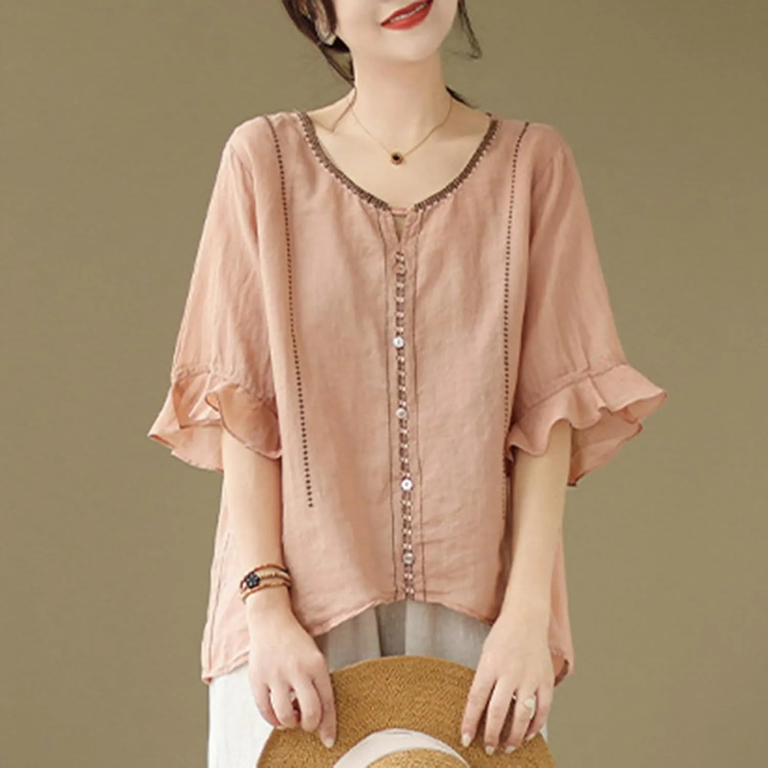 Cotton Linen Shirts for Women Round Neck Ruffle Half Sleeve Blouse Vintage Solid Loose Button Up Shirts Summer Clothes