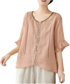 Cotton Linen Shirts for Women Round Neck Ruffle Half Sleeve Blouse Vintage Solid Loose Button Up Shirts Summer Clothes