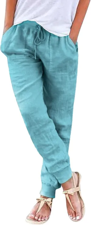 Cotton Linen Tapered Pants for Women Drawstring Elastic Waist Trousers Cinch Bottom Lightweight High Waisted Pants 2025