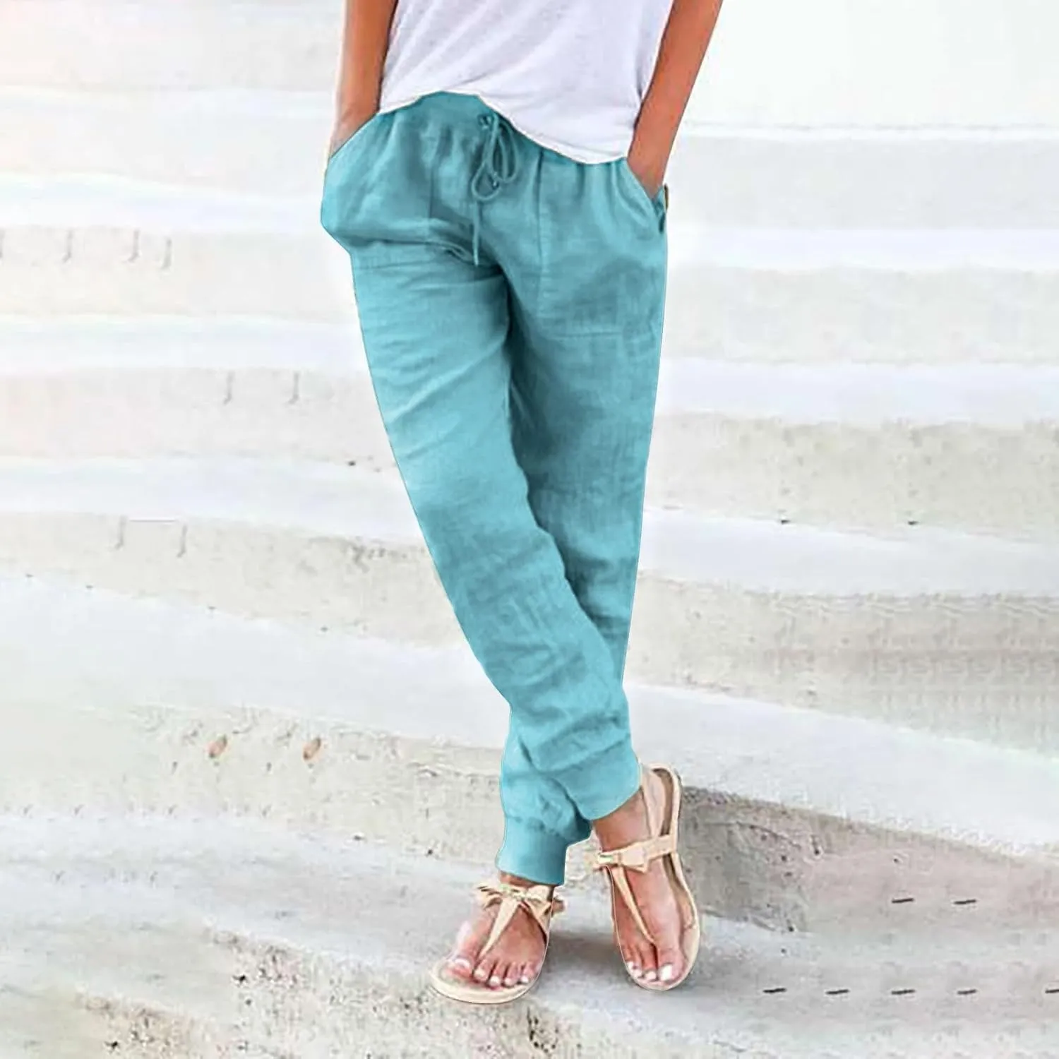 Cotton Linen Tapered Pants for Women Drawstring Elastic Waist Trousers Cinch Bottom Lightweight High Waisted Pants 2025