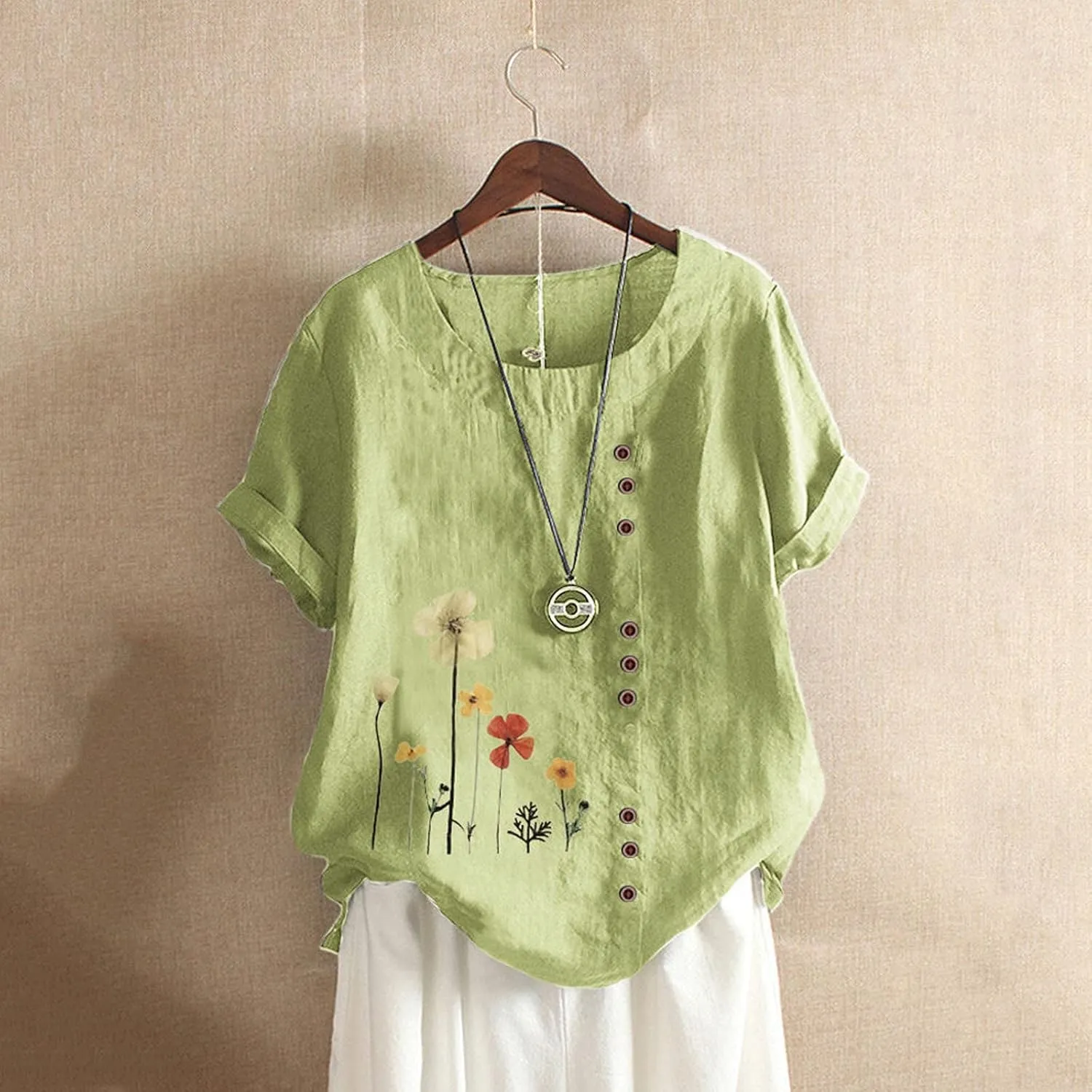Cotton Linen Tops for Women Loose Fit Casual Roll Up Short Sleeve T-Shirt Trendy Cute Floral Print Blouse 2025 Summer