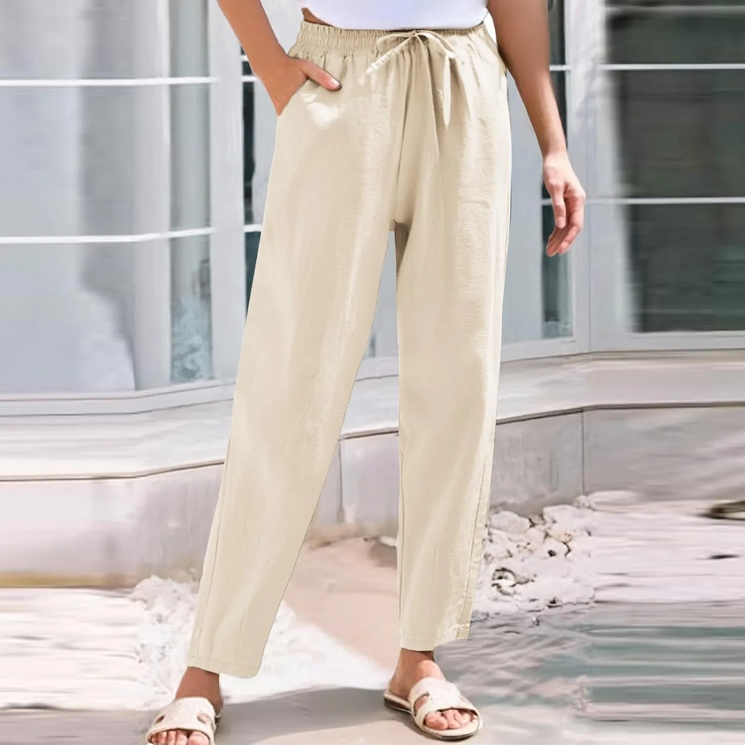 Cropped Linen Pants Women Elastic Waist Straight Leg Ankle Pants Lightweight Comfy Trousers 2025 Summer Beach Outfits