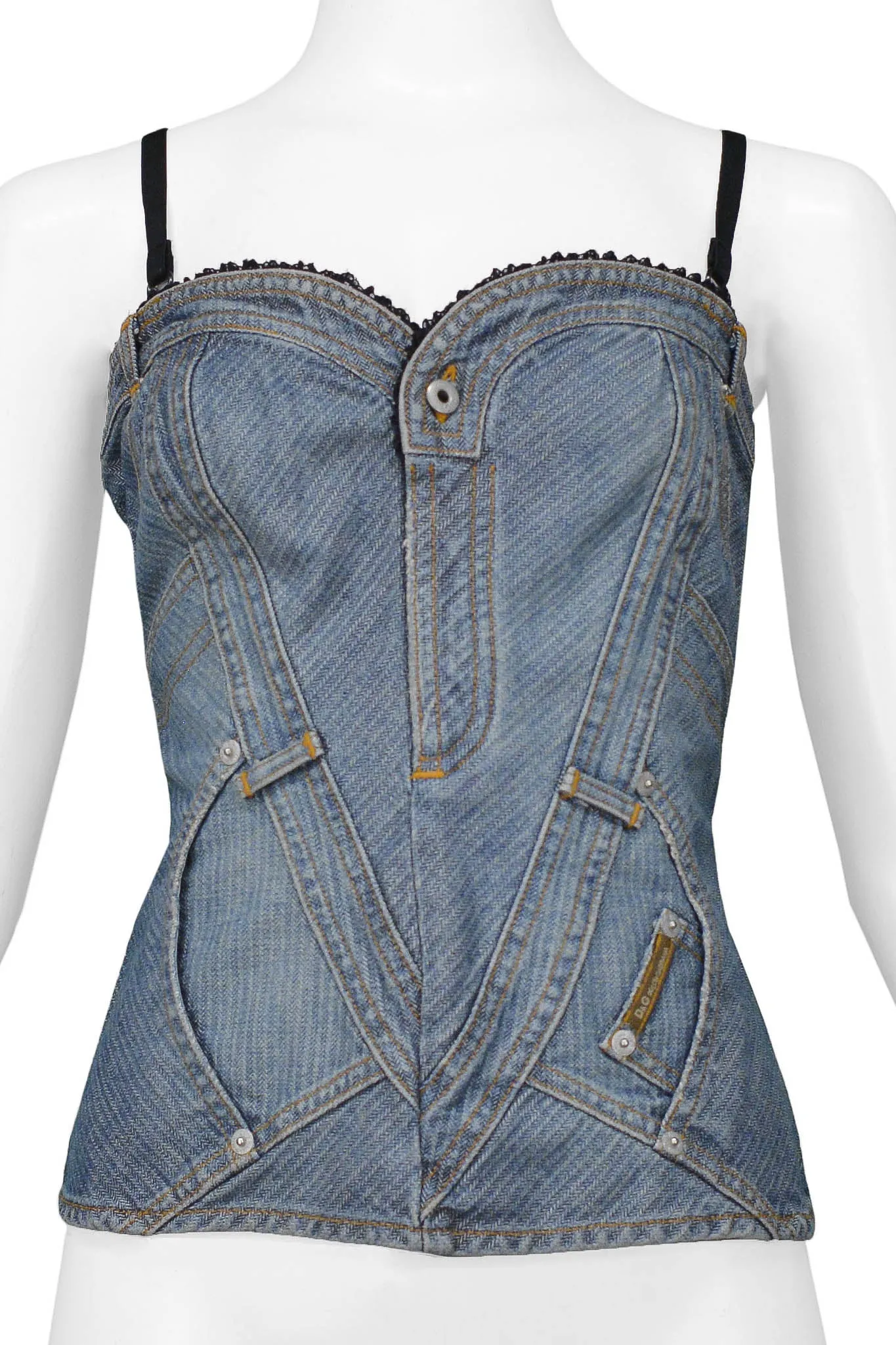 DOLCE & GABBANA JEAN DENIM BUSTIER TOP WITH LACE TRIM