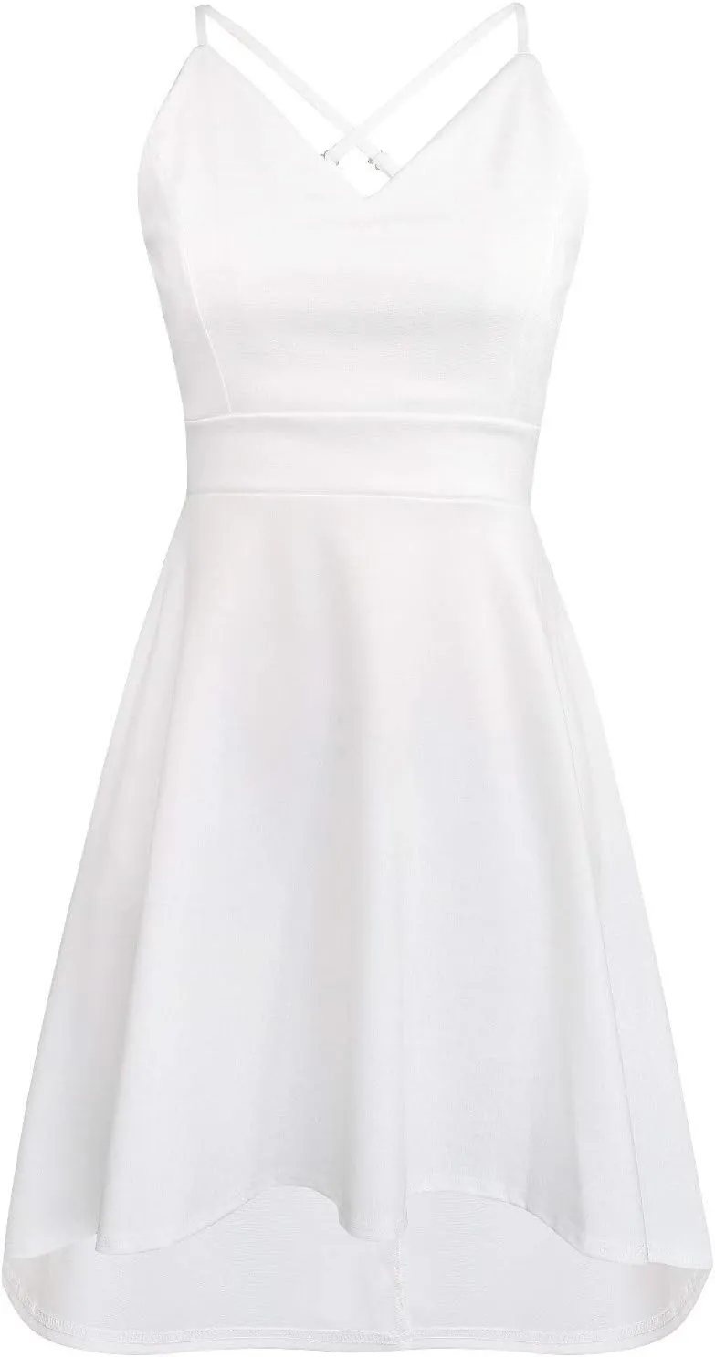 FANCYINN Women High-Low Hem Dress Spaghetti Straps Deep V Neck Floral Backless A Line Skater Cocktail Dresses