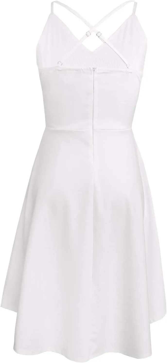FANCYINN Women High-Low Hem Dress Spaghetti Straps Deep V Neck Floral Backless A Line Skater Cocktail Dresses