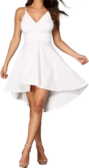 FANCYINN Women High-Low Hem Dress Spaghetti Straps Deep V Neck Floral Backless A Line Skater Cocktail Dresses