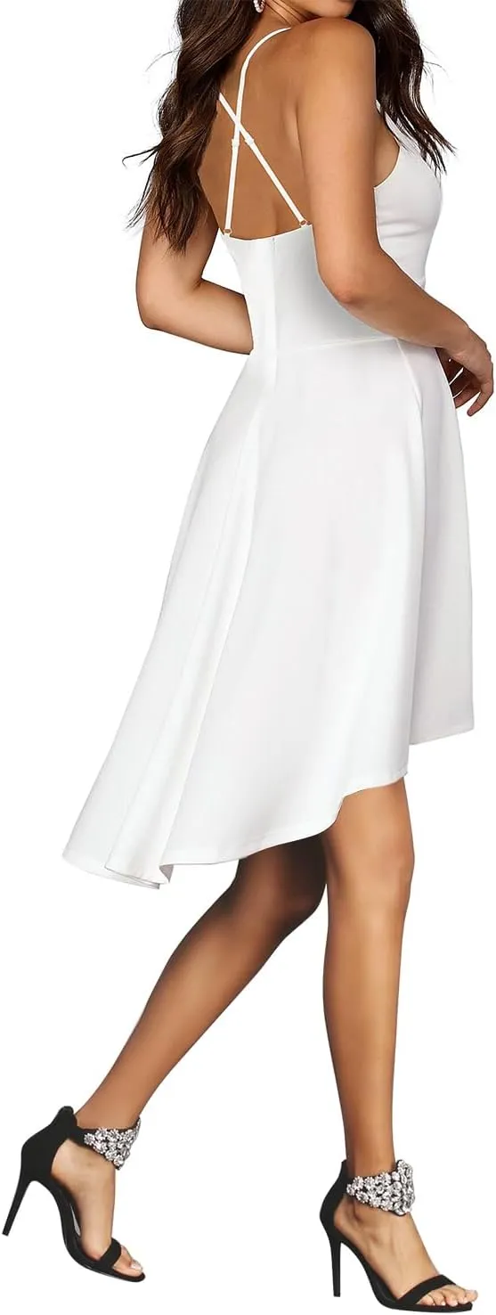 FANCYINN Women High-Low Hem Dress Spaghetti Straps Deep V Neck Floral Backless A Line Skater Cocktail Dresses