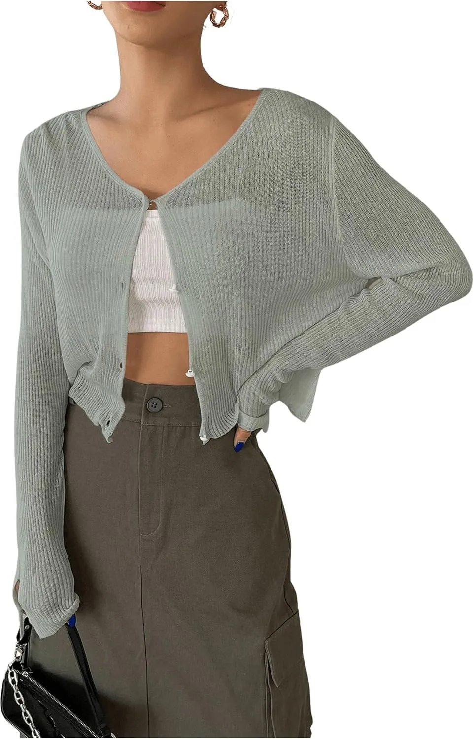 Floerns Women's Ribbed Knit Long Sleeve Button Front V Neck Cardigan Crop Top