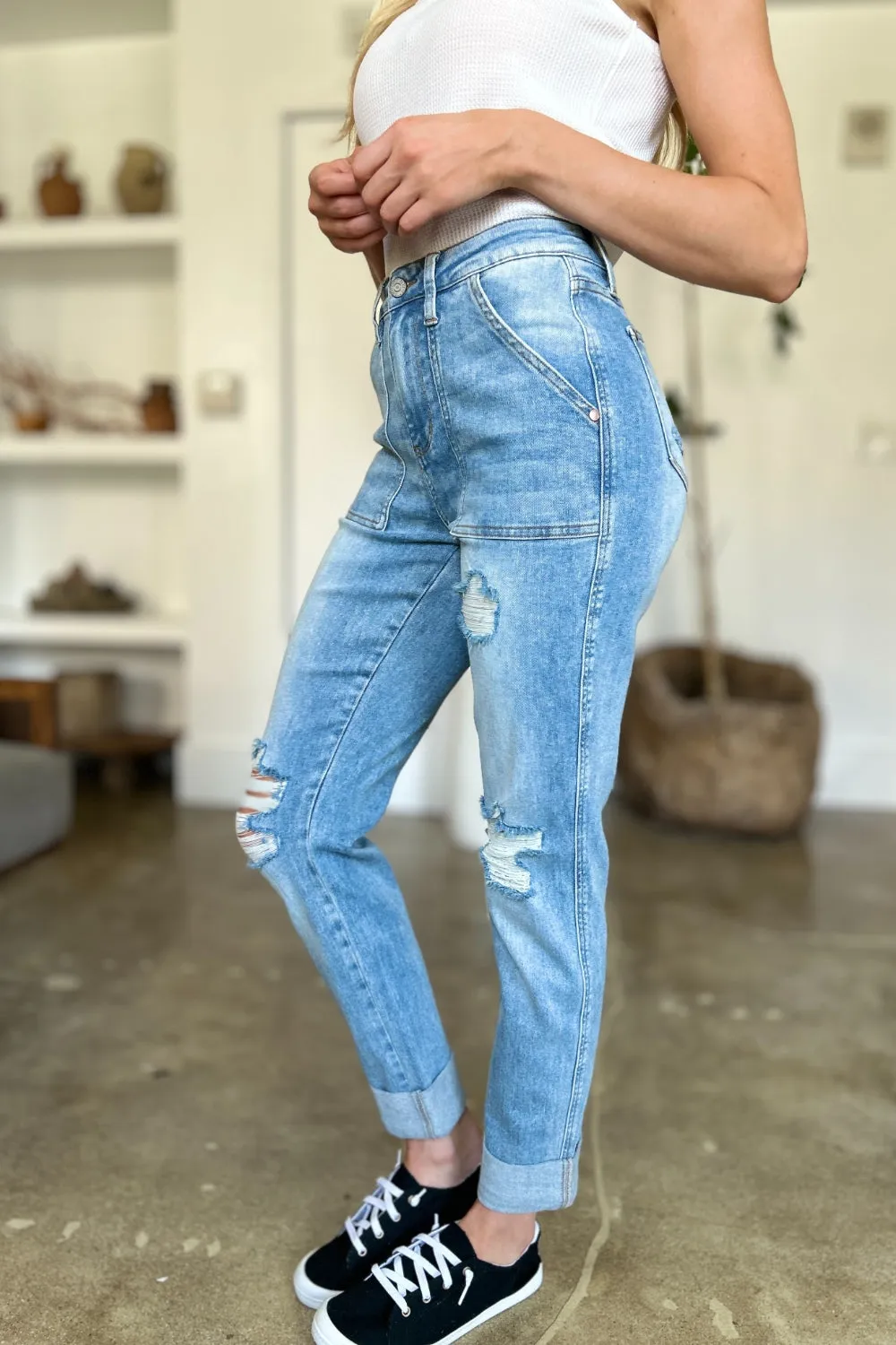 Full Size Distressed Straight Jeans with Patch Pockets