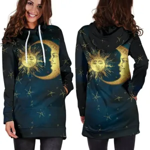 Gold Sun and Moon Hoodie Dress | Longline Hoodie Sweatshirt S