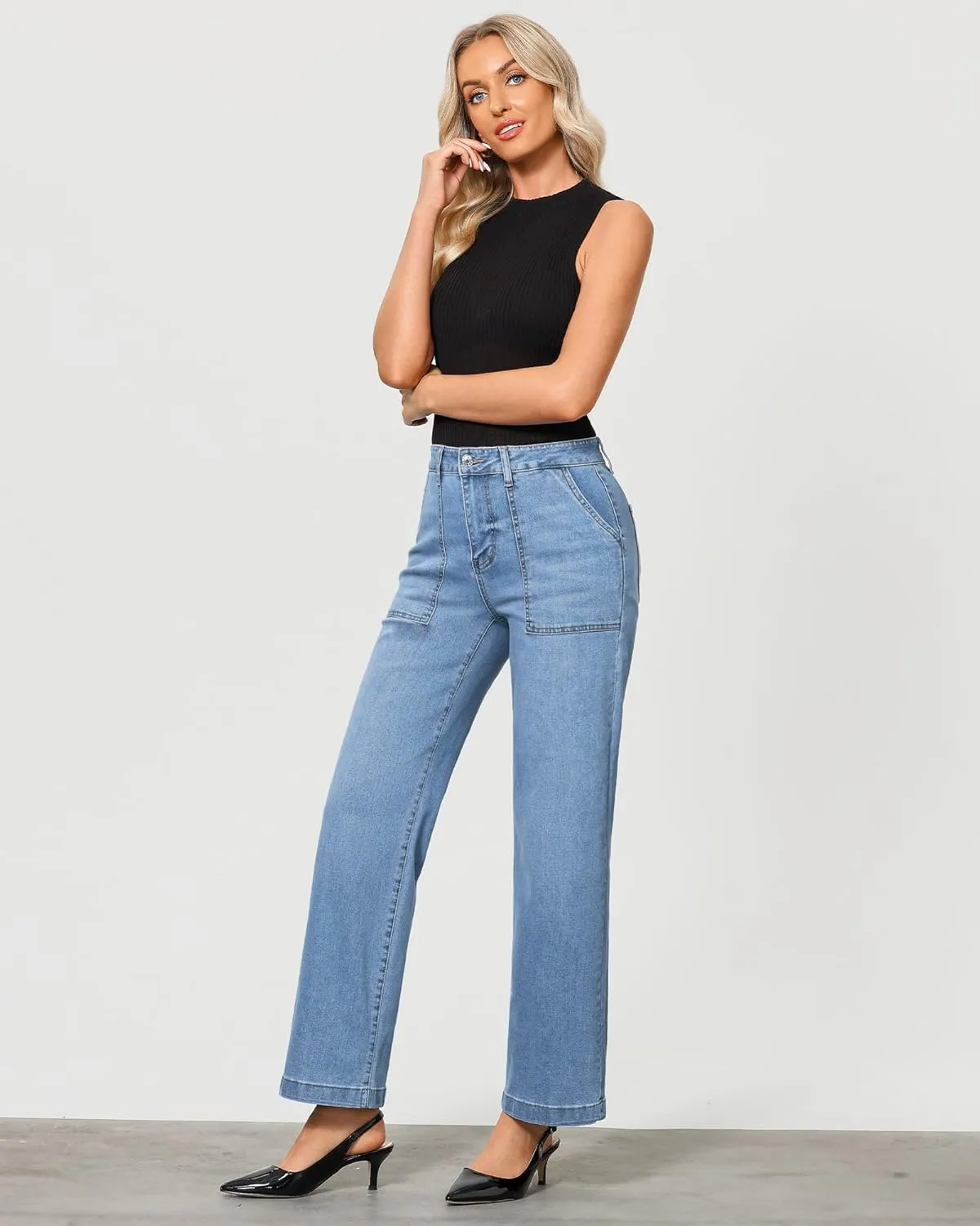 GRAPENT Jeans for Women High Waisted Straight Leg Jeans Stretchy Trendy Wide Leg Denim Pants Jean Trousers Patch Pockets