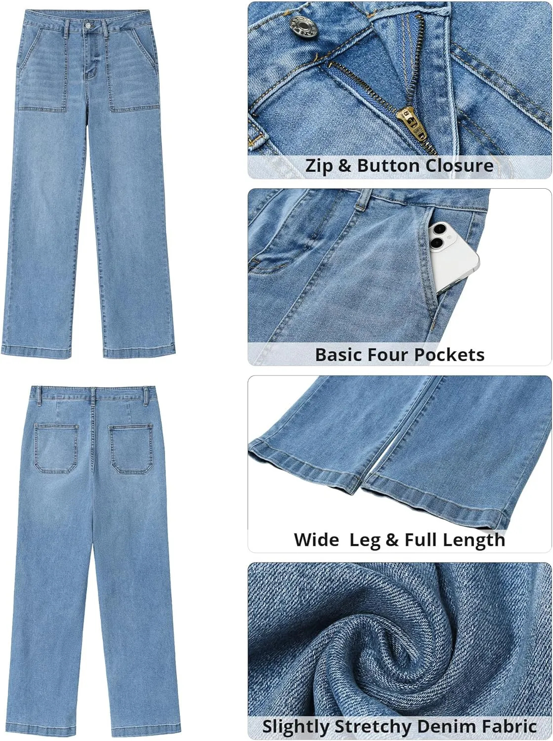 GRAPENT Jeans for Women High Waisted Straight Leg Jeans Stretchy Trendy Wide Leg Denim Pants Jean Trousers Patch Pockets