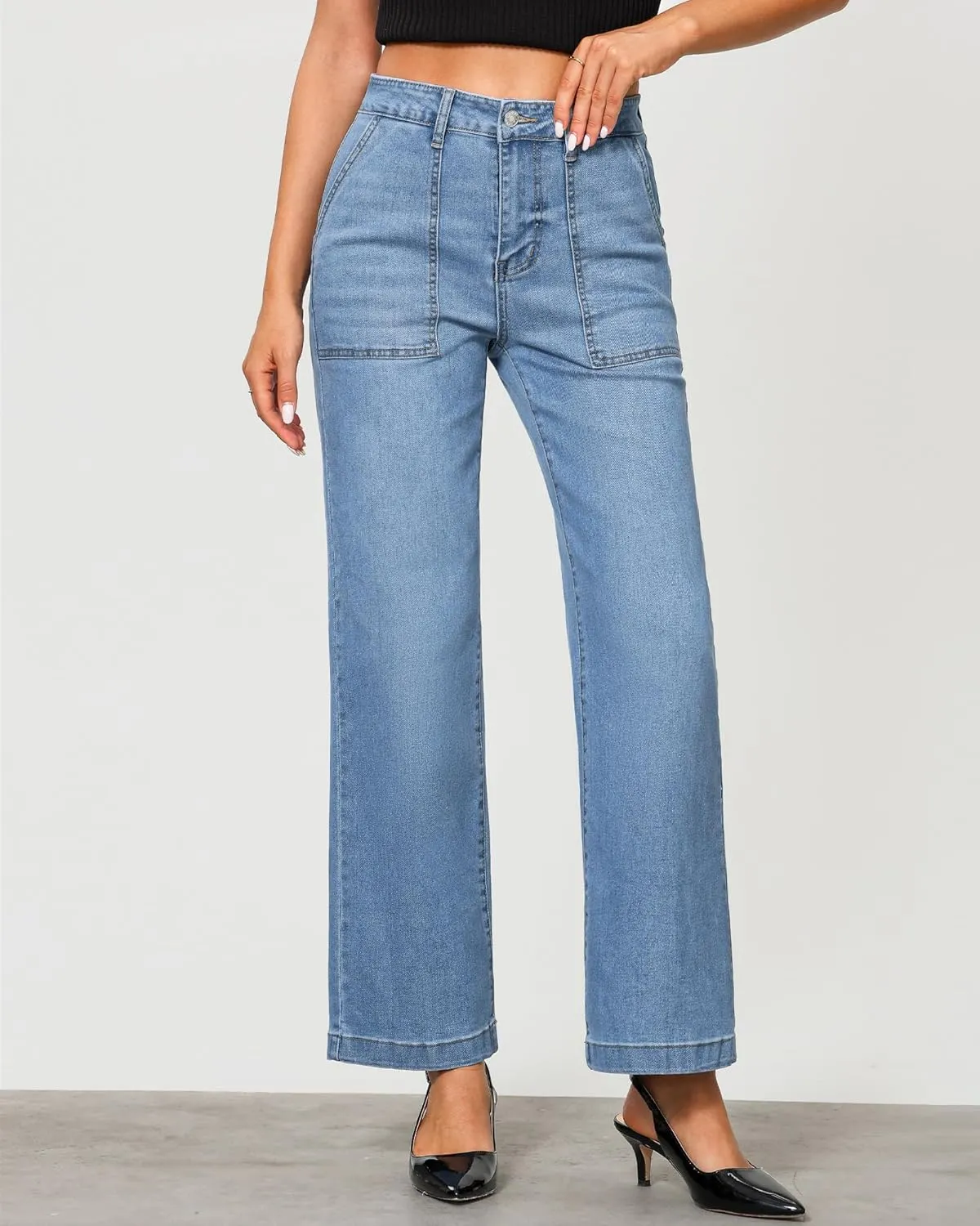 GRAPENT Jeans for Women High Waisted Straight Leg Jeans Stretchy Trendy Wide Leg Denim Pants Jean Trousers Patch Pockets