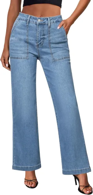 GRAPENT Jeans for Women High Waisted Straight Leg Jeans Stretchy Trendy Wide Leg Denim Pants Jean Trousers Patch Pockets