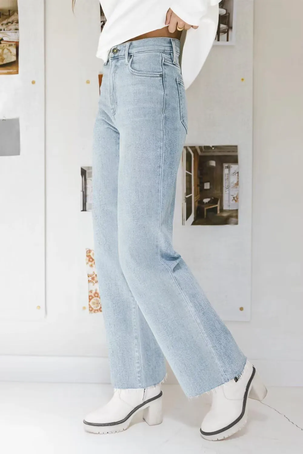 KDF Straight Leg Jeans for Women High Waisted Jeans Frayed Baggy Pants Raw Hem Loose Stretchy Cropped Wide Leg Jeans