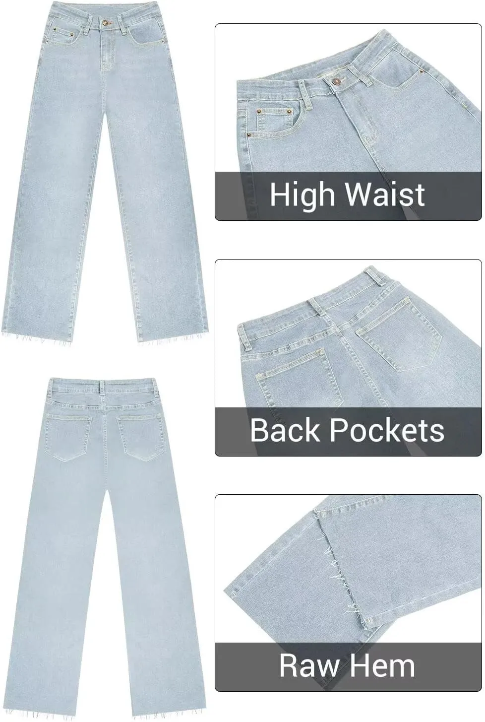 KDF Straight Leg Jeans for Women High Waisted Jeans Frayed Baggy Pants Raw Hem Loose Stretchy Cropped Wide Leg Jeans