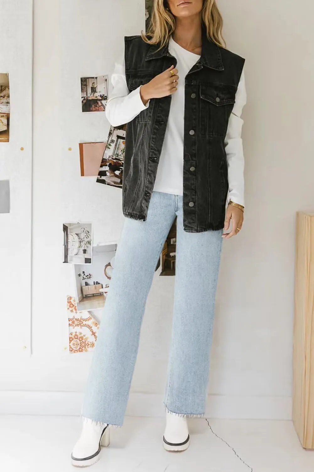 KDF Straight Leg Jeans for Women High Waisted Jeans Frayed Baggy Pants Raw Hem Loose Stretchy Cropped Wide Leg Jeans