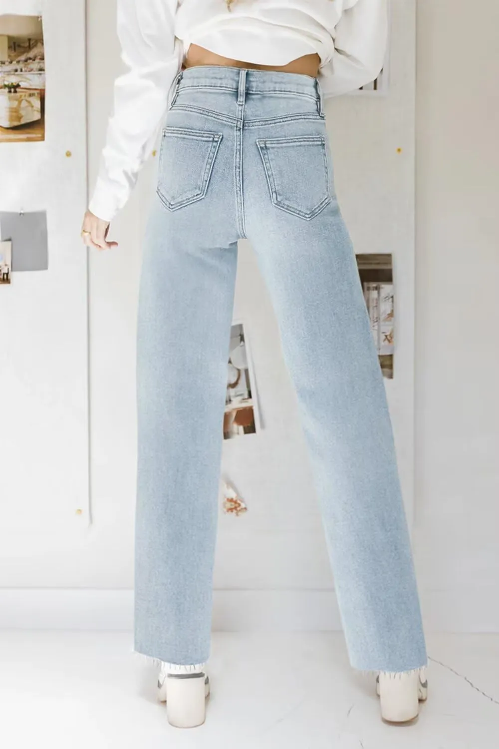 KDF Straight Leg Jeans for Women High Waisted Jeans Frayed Baggy Pants Raw Hem Loose Stretchy Cropped Wide Leg Jeans