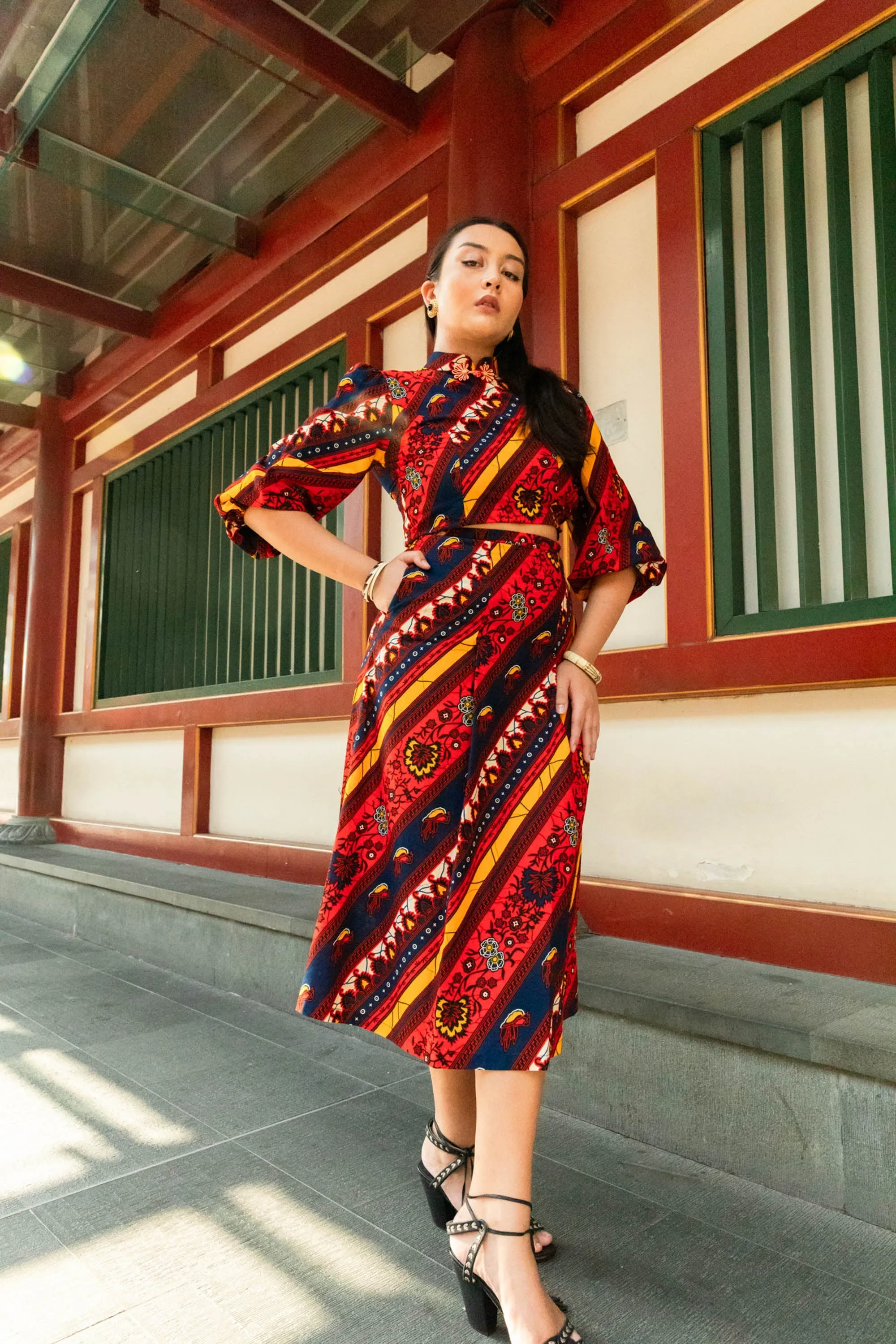 Kehinde Puffy Sleeves Top - Red Blue and Yellow African Ankara Wax Cotton Print