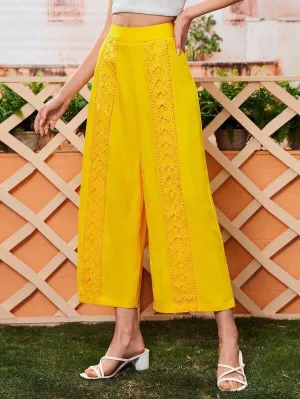 Lace Panel Zipper Back Wide Leg Pants