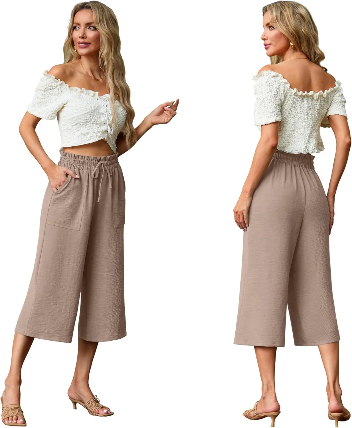 Lepunuo Women's Wide Leg Capri Pants High Waisted Palazzo Pants Adjustable Casual Tie Knot Pants with Pockets