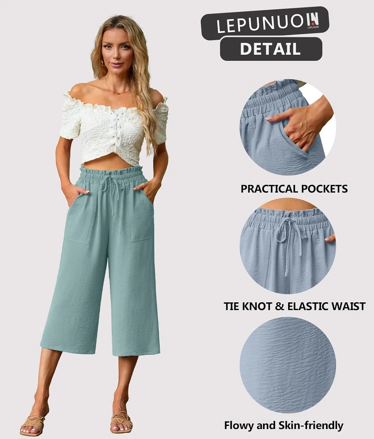 Lepunuo Women's Wide Leg Capri Pants High Waisted Palazzo Pants Adjustable Casual Tie Knot Pants with Pockets