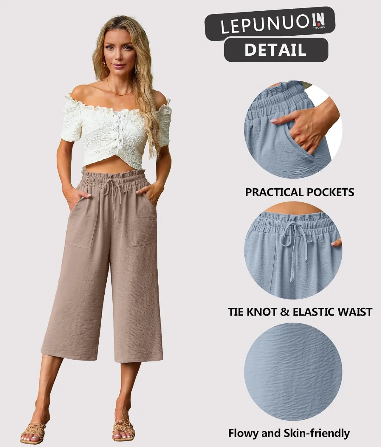 Lepunuo Women's Wide Leg Capri Pants High Waisted Palazzo Pants Adjustable Casual Tie Knot Pants with Pockets