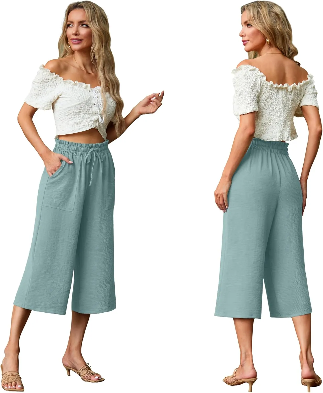 Lepunuo Women's Wide Leg Capri Pants High Waisted Palazzo Pants Adjustable Casual Tie Knot Pants with Pockets