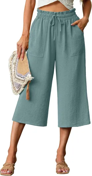 Lepunuo Women's Wide Leg Capri Pants High Waisted Palazzo Pants Adjustable Casual Tie Knot Pants with Pockets