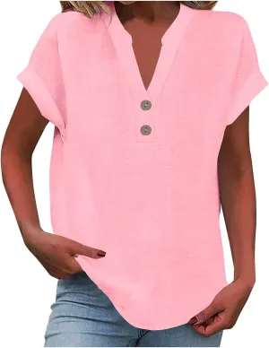 Linen Button Down Shirt Women Loose V-Neck T-Shirts Casual Short Sleeve Beach Blouse Summer Bohemian Tops