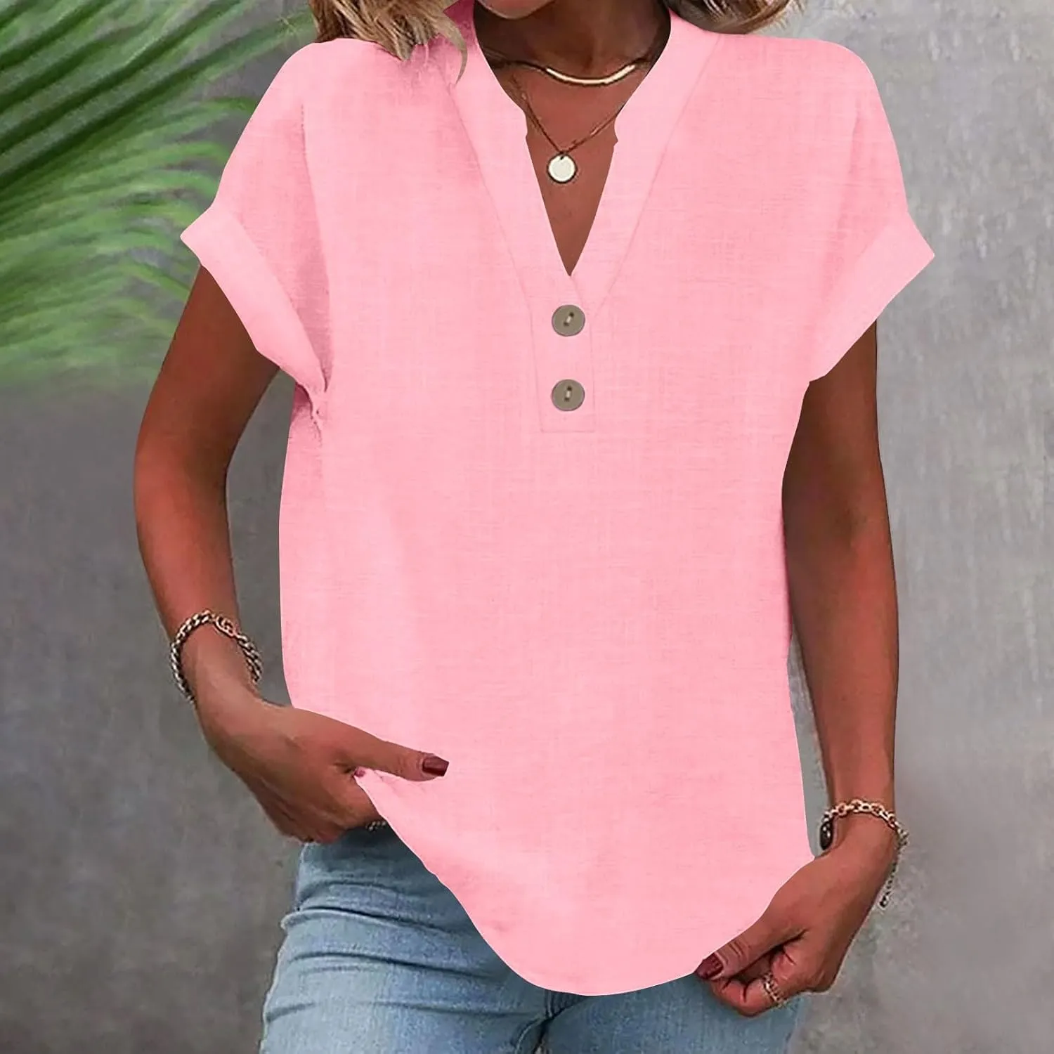 Linen Button Down Shirt Women Loose V-Neck T-Shirts Casual Short Sleeve Beach Blouse Summer Bohemian Tops