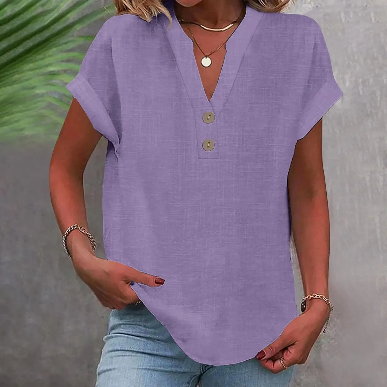 Linen Button Down Shirt Women Loose V-Neck T-Shirts Casual Short Sleeve Beach Blouse Summer Bohemian Tops