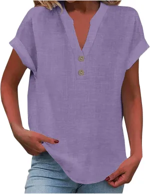 Linen Button Down Shirt Women Loose V-Neck T-Shirts Casual Short Sleeve Beach Blouse Summer Bohemian Tops