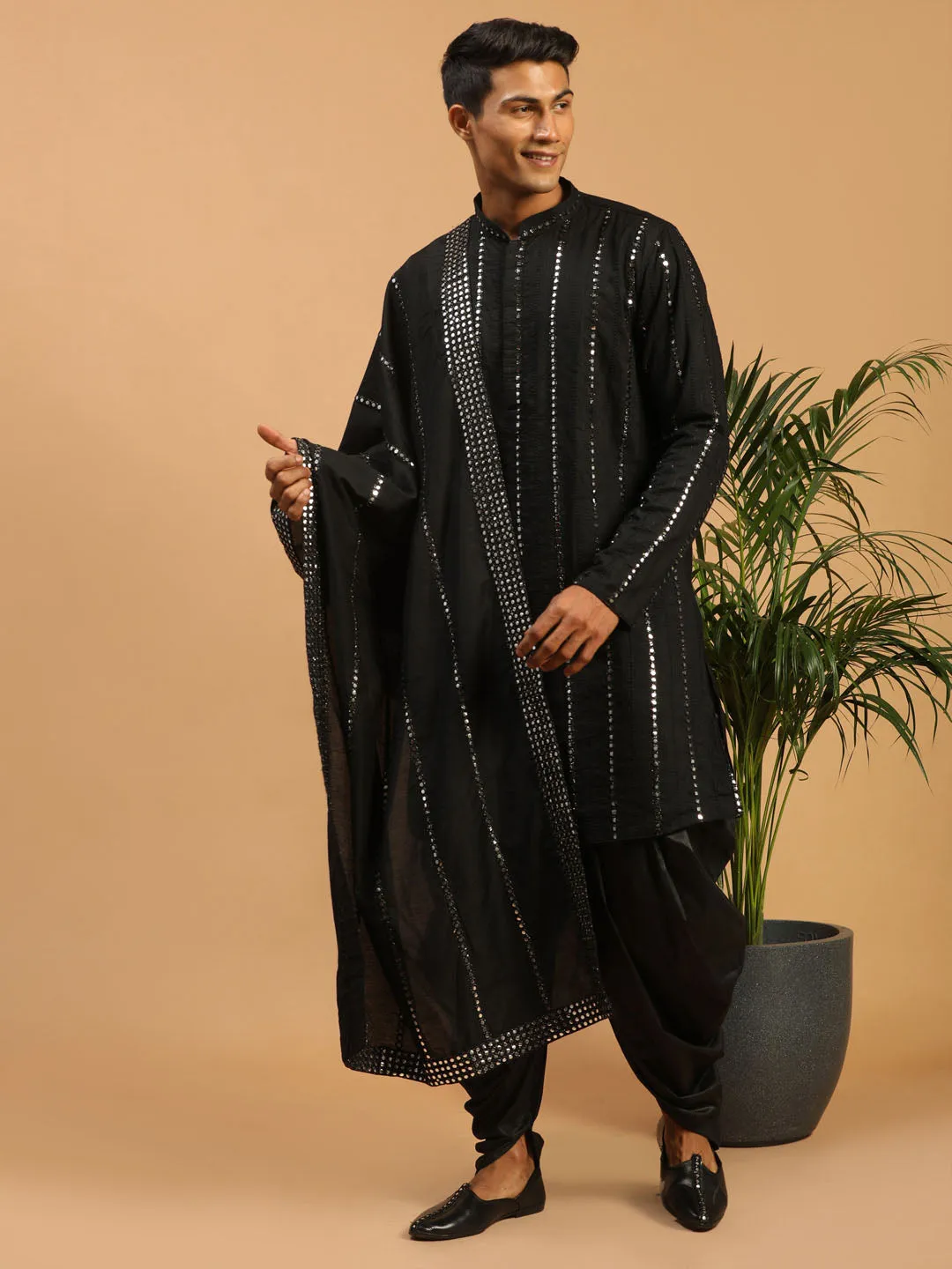 Men's Black Viscose Kurta And Dhoti Set - Shrestha By Vastramay