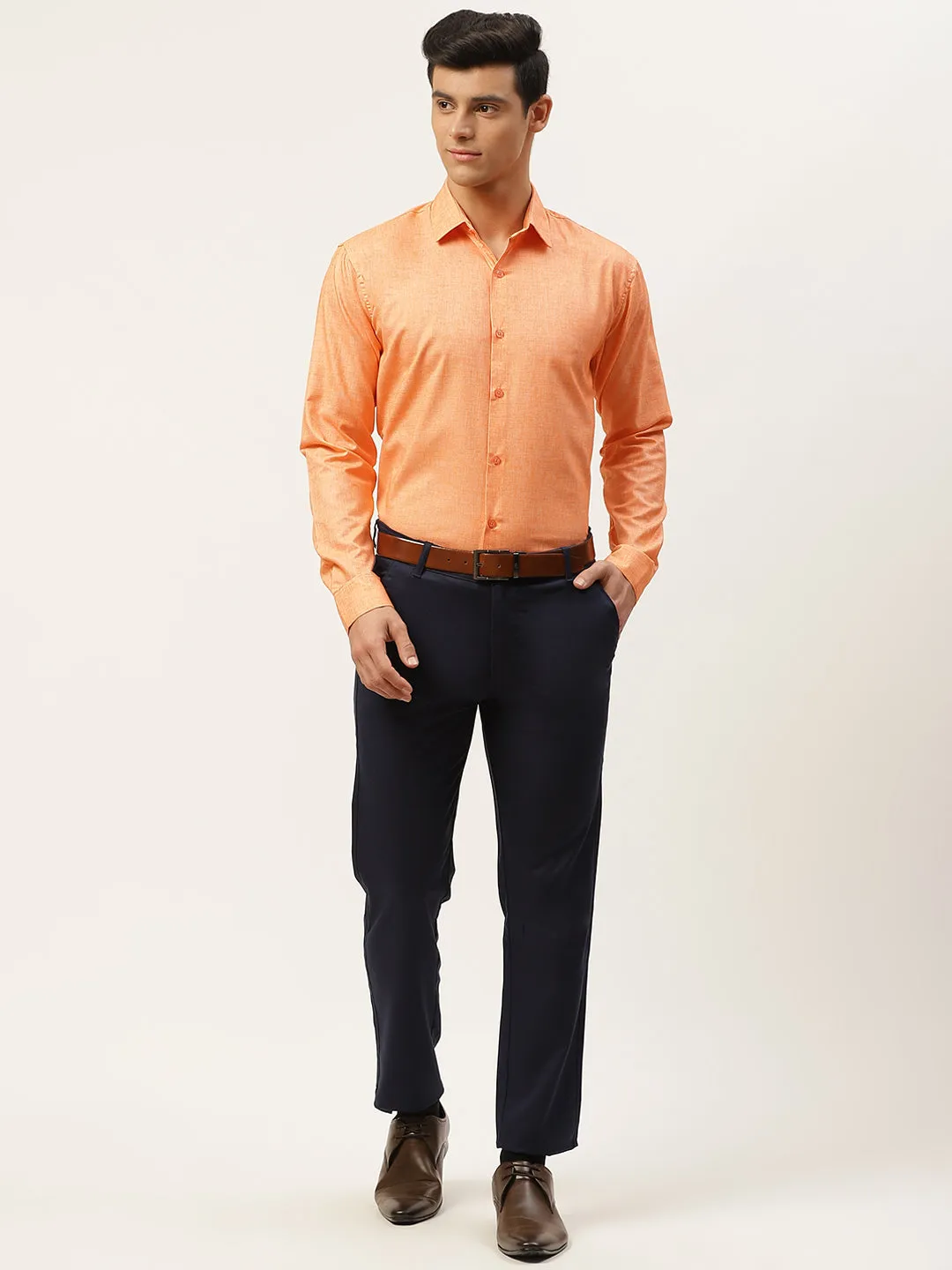Mens Cotton Linen Orange Solid Formal Shirt - Sojanya