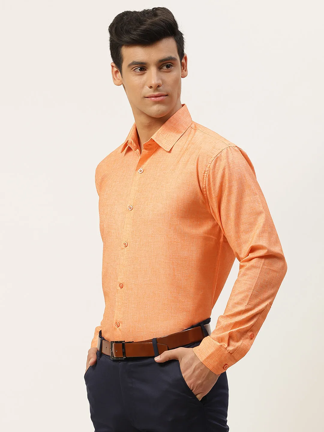 Mens Cotton Linen Orange Solid Formal Shirt - Sojanya