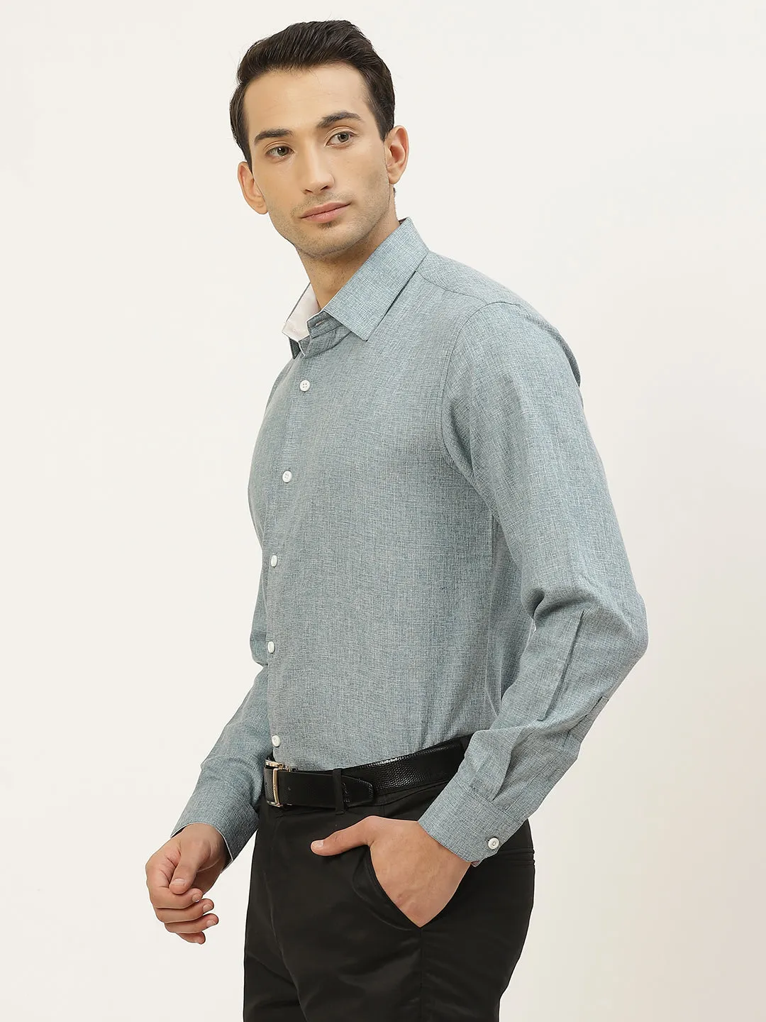Men's Cotton Linen Teal Green Formal Shirt - Sojanya