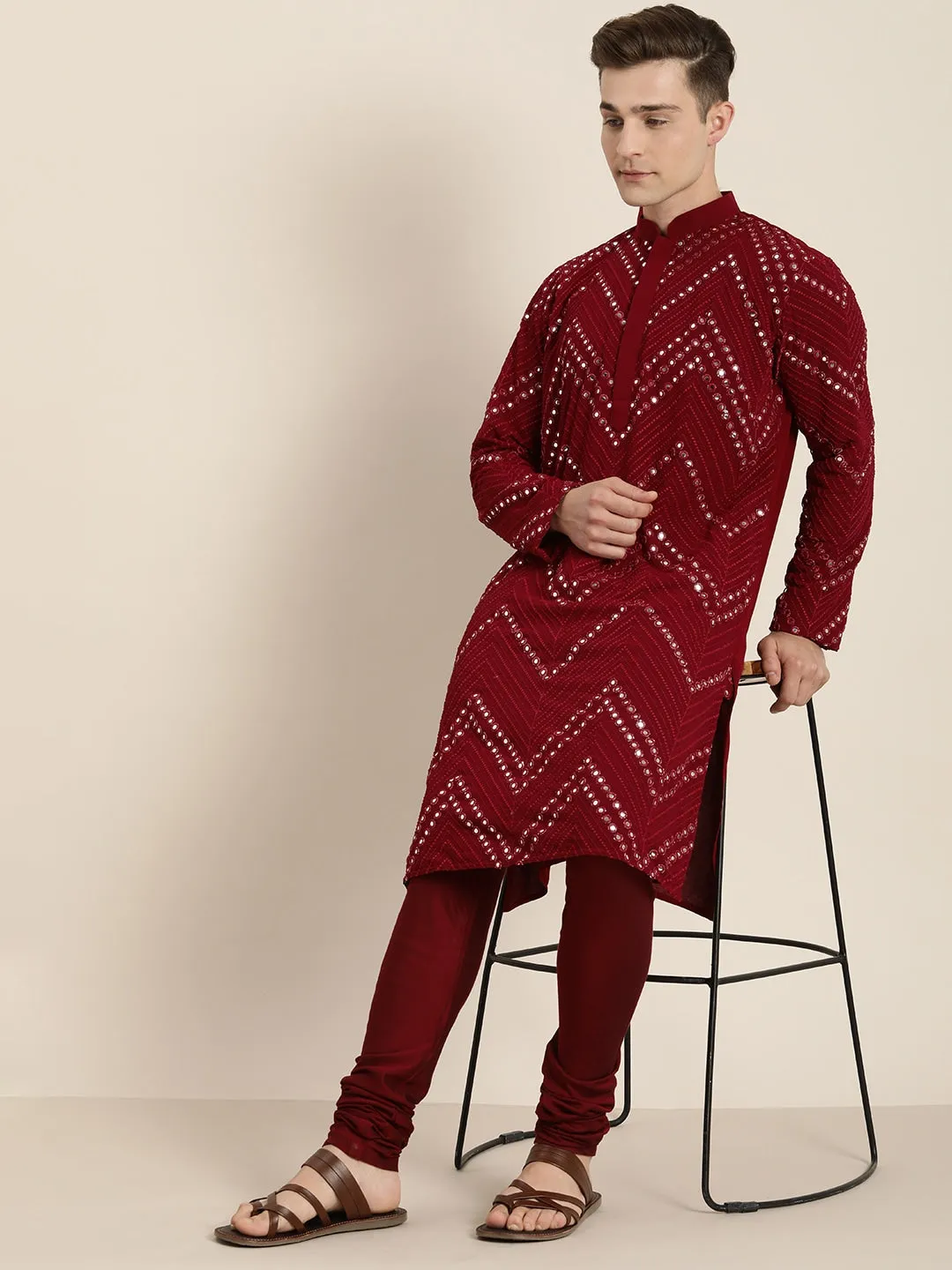 Men's Maroon Georgette Kurta - Vastramay
