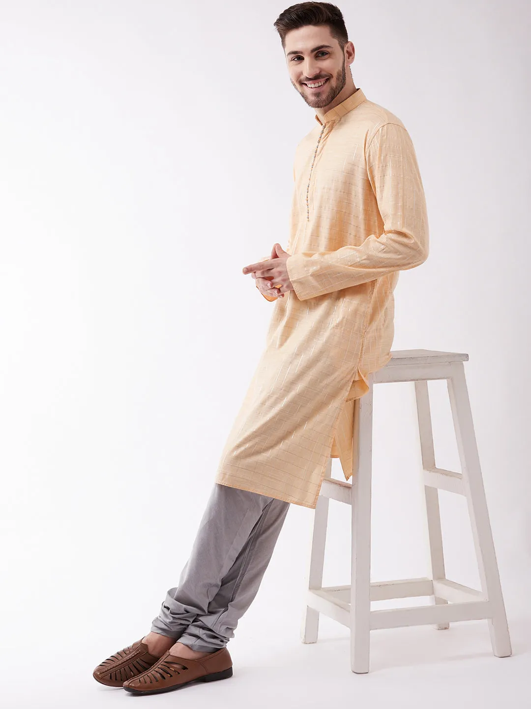 Men's Peach Cotton Blend Kurta - Vastramay